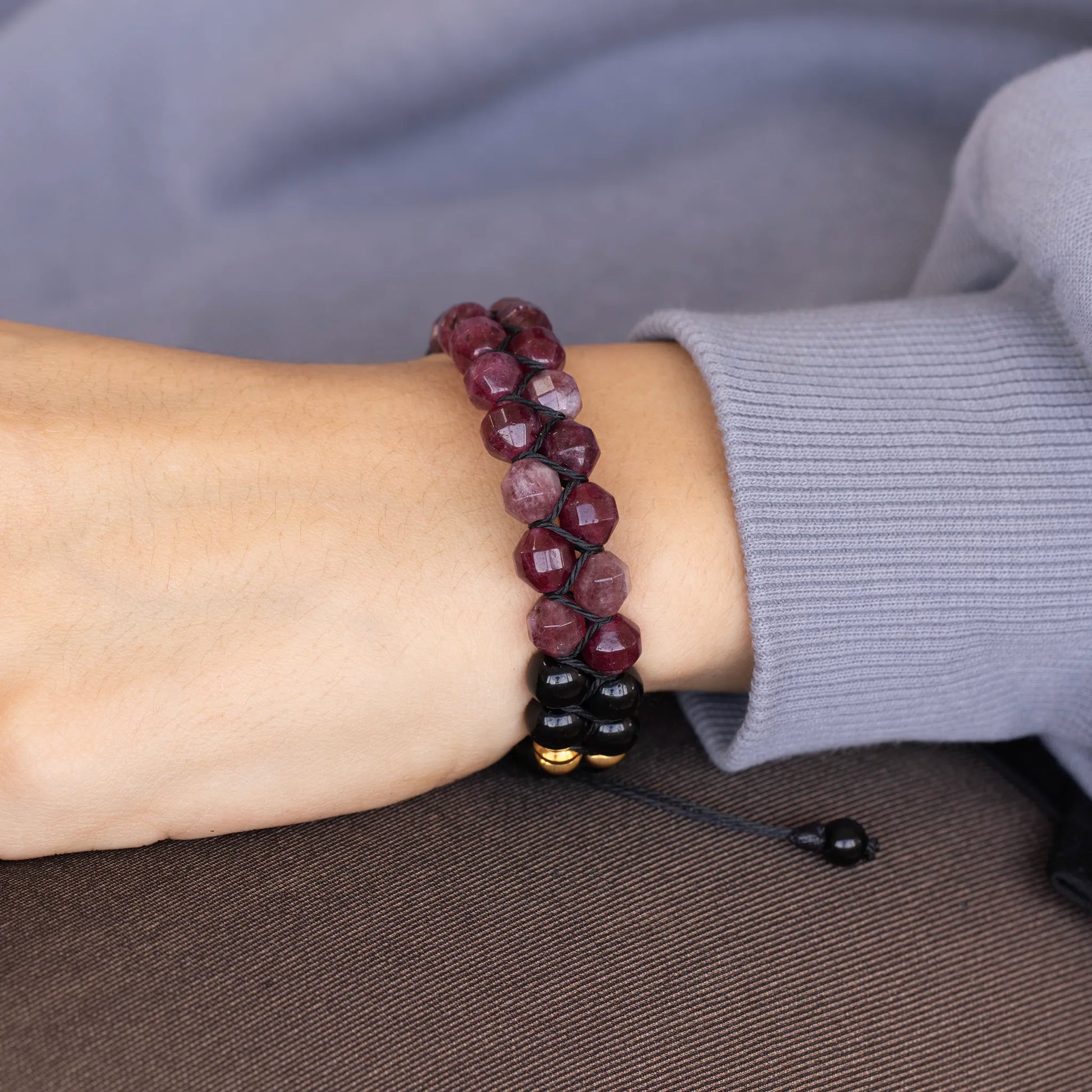 Natural Ruby Jade & Black Onyx Beaded Double Row Macrame Bracelet - ElisaJewelryArt