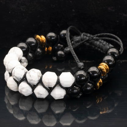 Natural Howlite & Black Onyx Beaded Double Row Macrame Bracelet - ElisaJewelryArt