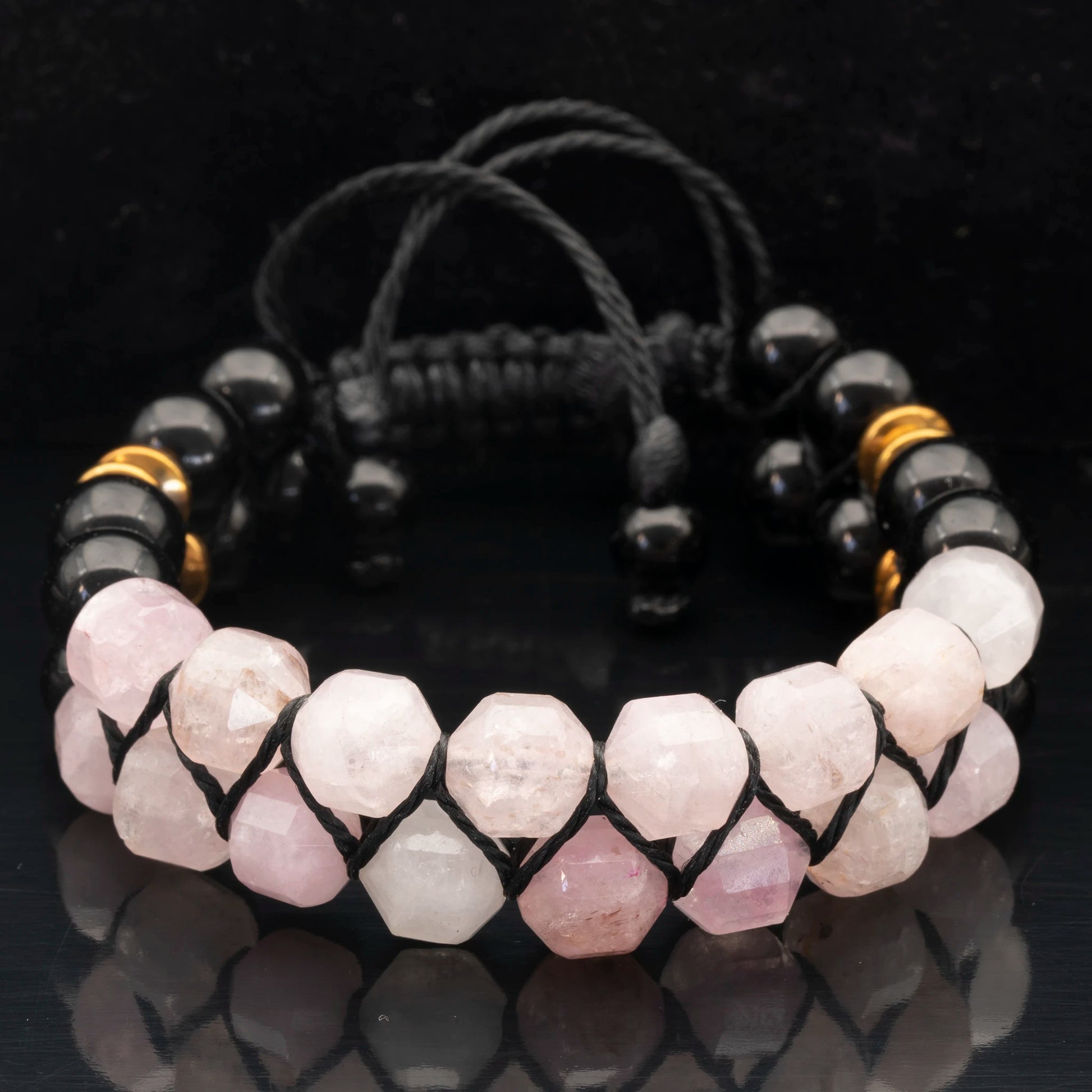 Natural Rose Quartz & Black Onyx Beaded Double Row Macrame Bracelet - ElisaJewelryArt