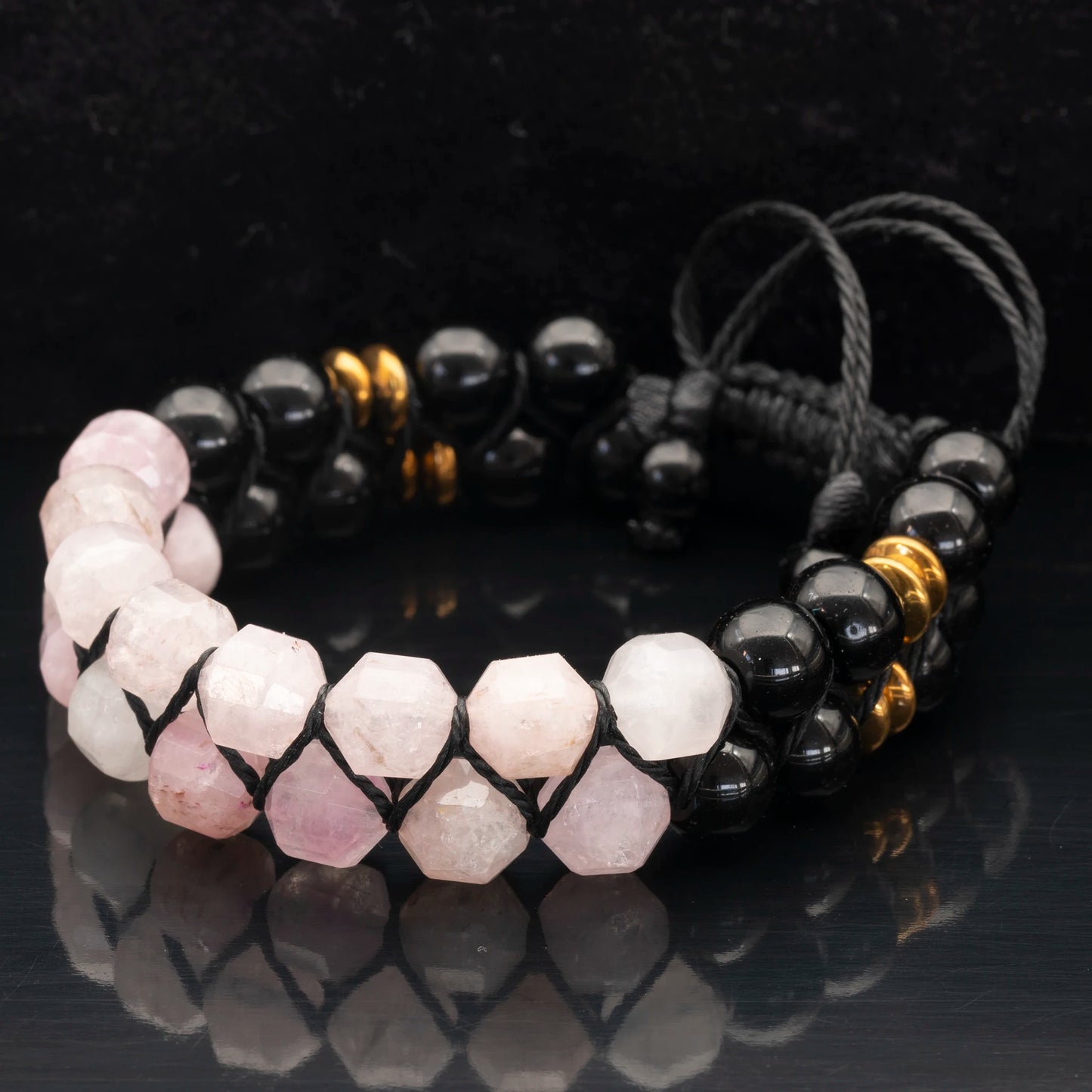 Natural Rose Quartz & Black Onyx Beaded Double Row Macrame Bracelet - ElisaJewelryArt