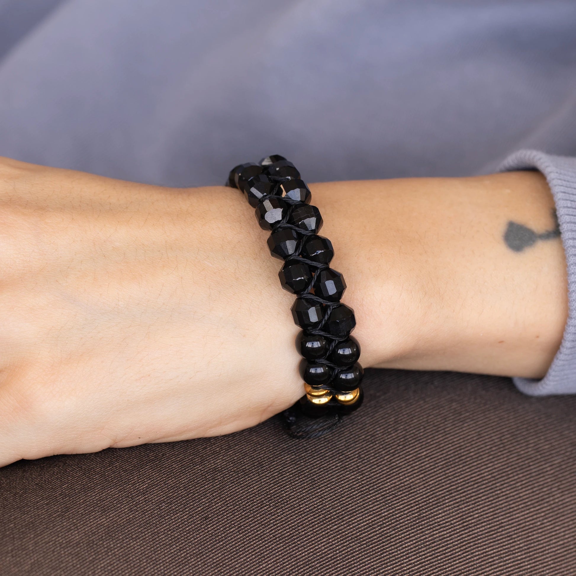 Natural Black Onyx Beaded Double Row Macrame Bracelet - ElisaJewelryArt