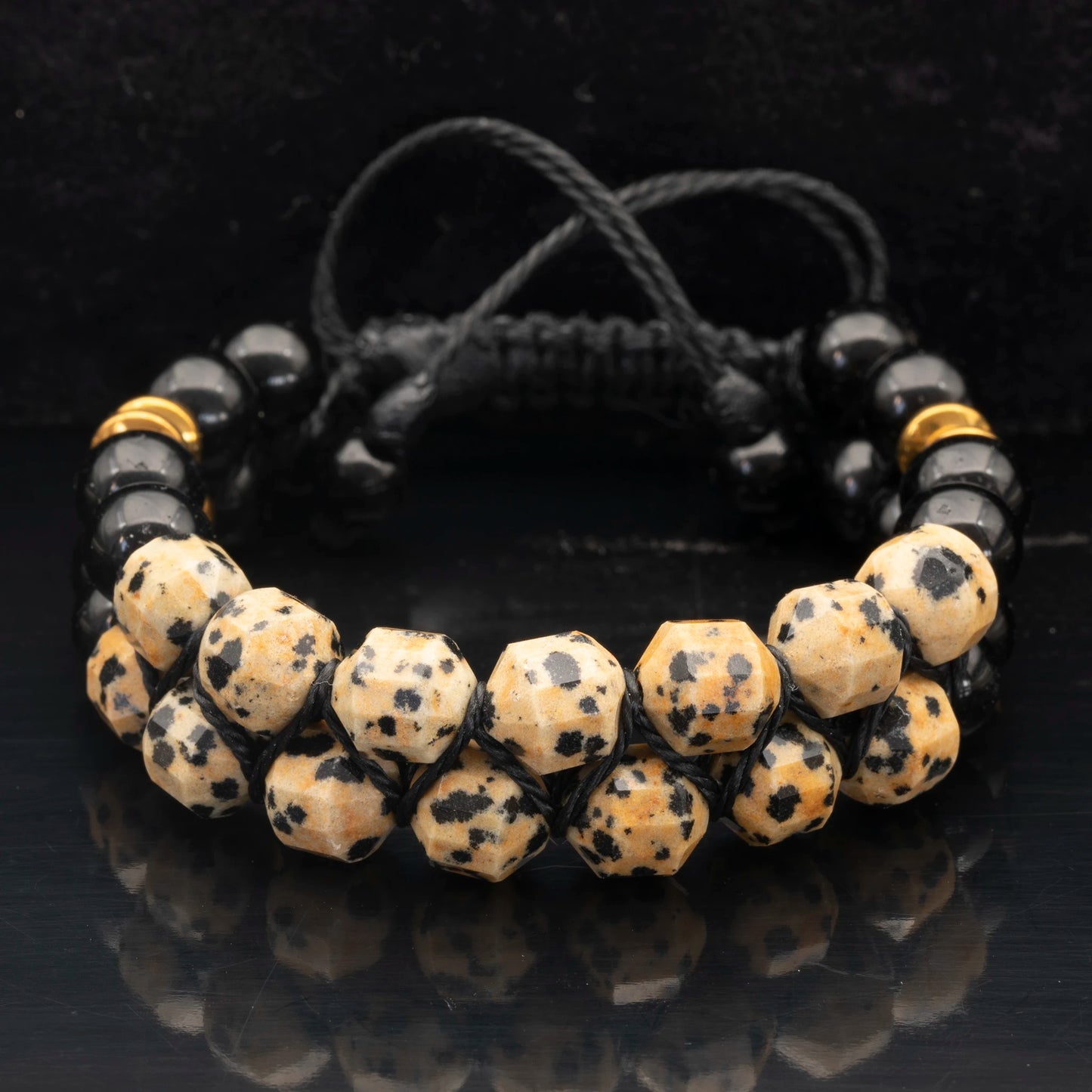 Natural Dalmatian Jasper & Black Onyx Beaded Double Row Macrame Bracelet - ElisaJewelryArt