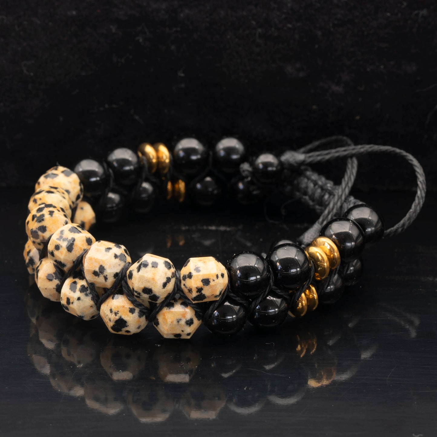 Natural Dalmatian Jasper & Black Onyx Beaded Double Row Macrame Bracelet - ElisaJewelryArt