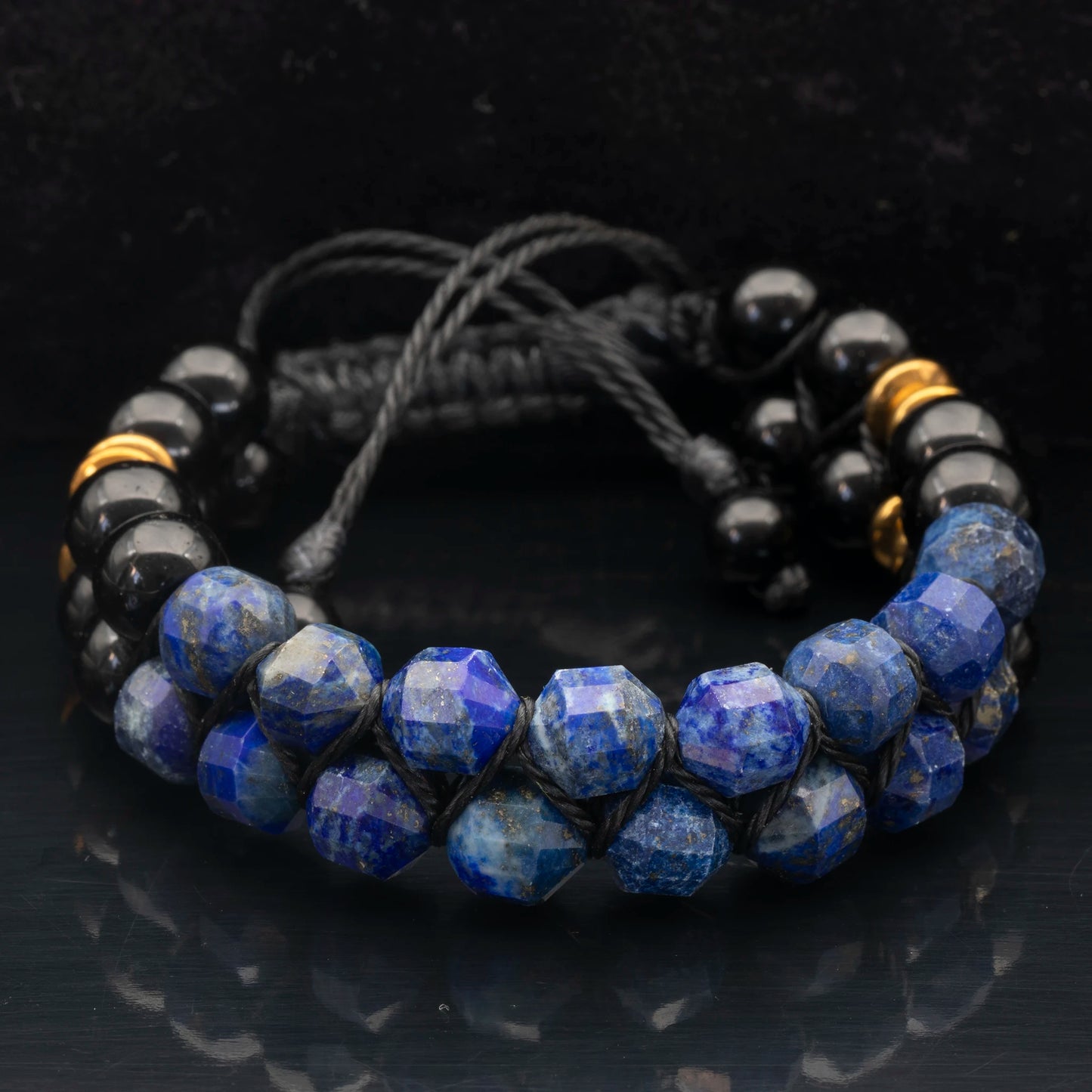 Natural Lapis Lazuli & Black Onyx Beaded Double Row Macrame Bracelet - ElisaJewelryArt