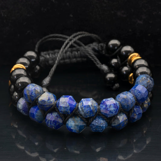 Natural Lapis Lazuli & Black Onyx Beaded Double Row Macrame Bracelet - ElisaJewelryArt