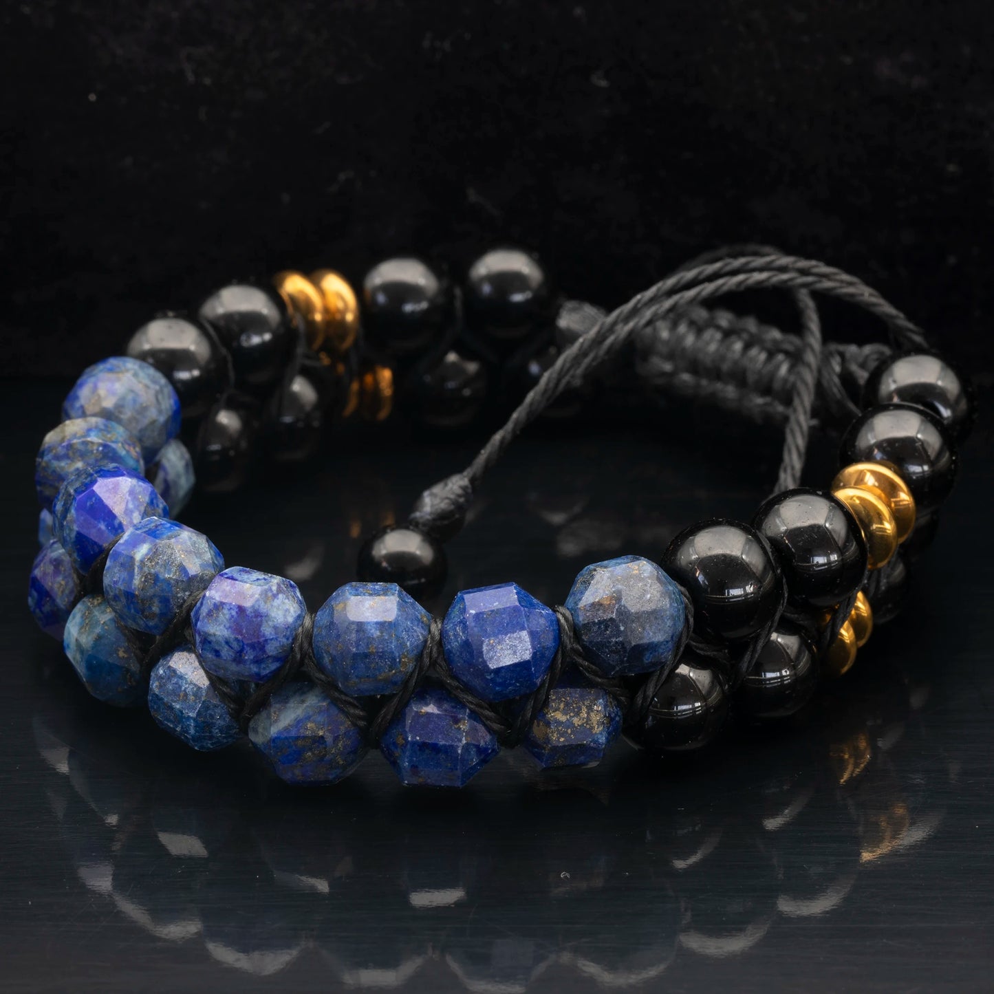 Natural Lapis Lazuli & Black Onyx Beaded Double Row Macrame Bracelet - ElisaJewelryArt