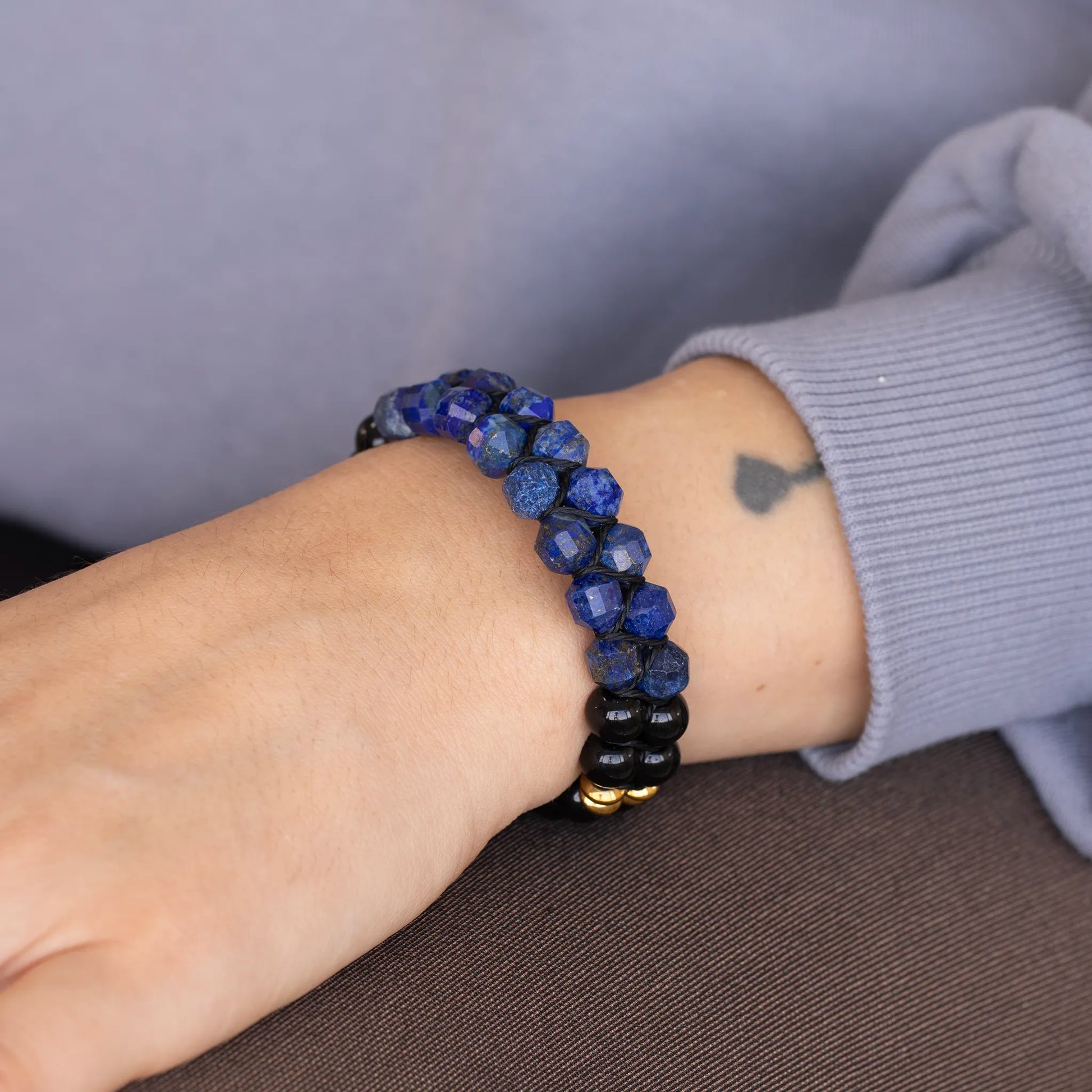 Natural Lapis Lazuli & Black Onyx Beaded Double Row Macrame Bracelet - ElisaJewelryArt