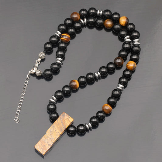 Natural Tiger Eye Sliced Pendant, Natural Tiger Eye & Black Onyx Beaded Necklace