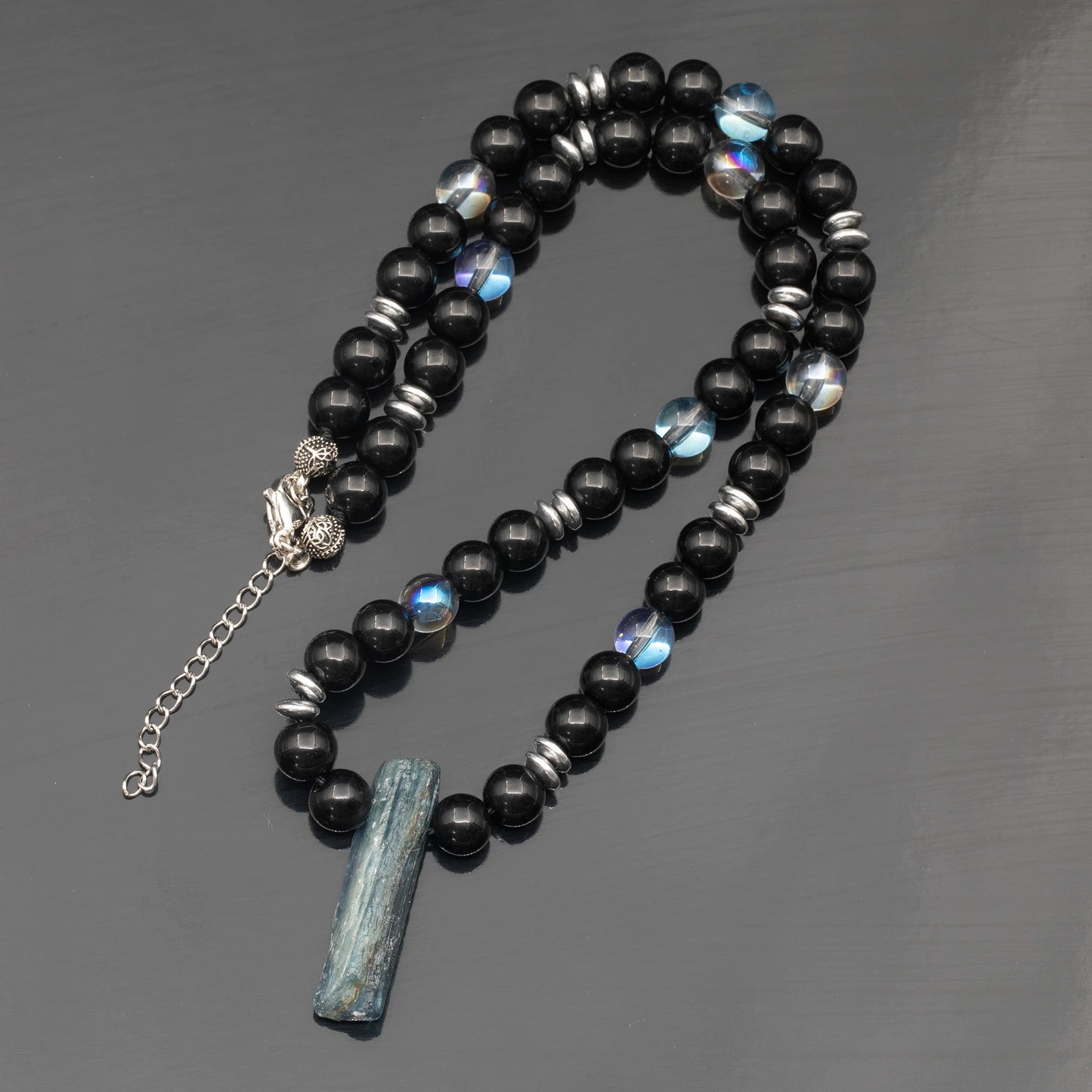 Natural Kyanite Sliced Pendant, Natural Blue Aura Quartz & Black Onyx Beaded Necklace