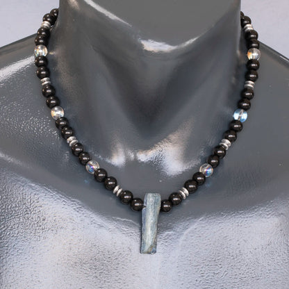 Natural Kyanite Sliced Pendant, Natural Blue Aura Quartz & Black Onyx Beaded Necklace