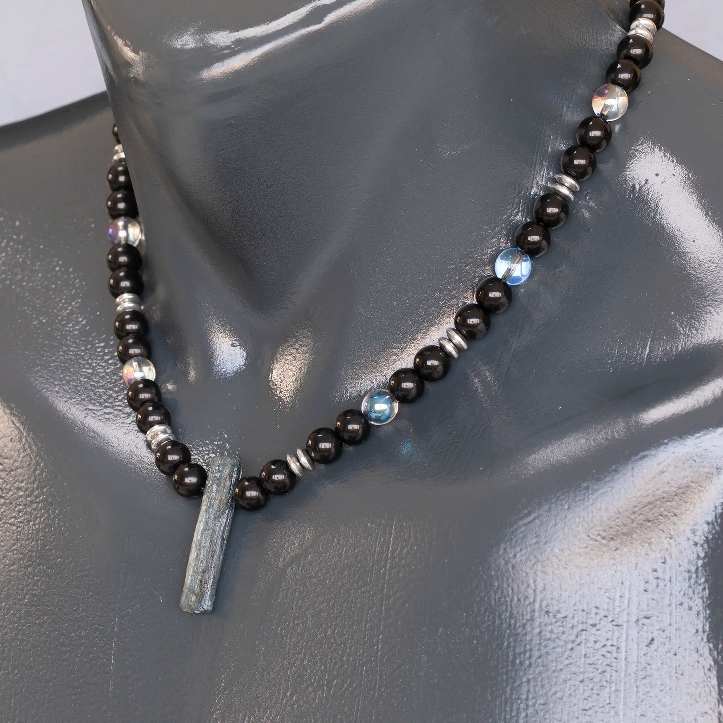 Natural Kyanite Sliced Pendant, Natural Blue Aura Quartz & Black Onyx Beaded Necklace