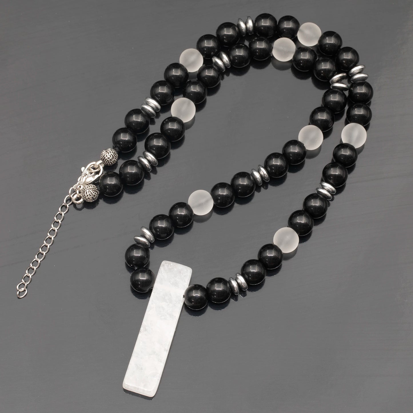 Natural Quartz Sliced Pendant, Natural Matte Quartz & Black Onyx Beaded Necklace