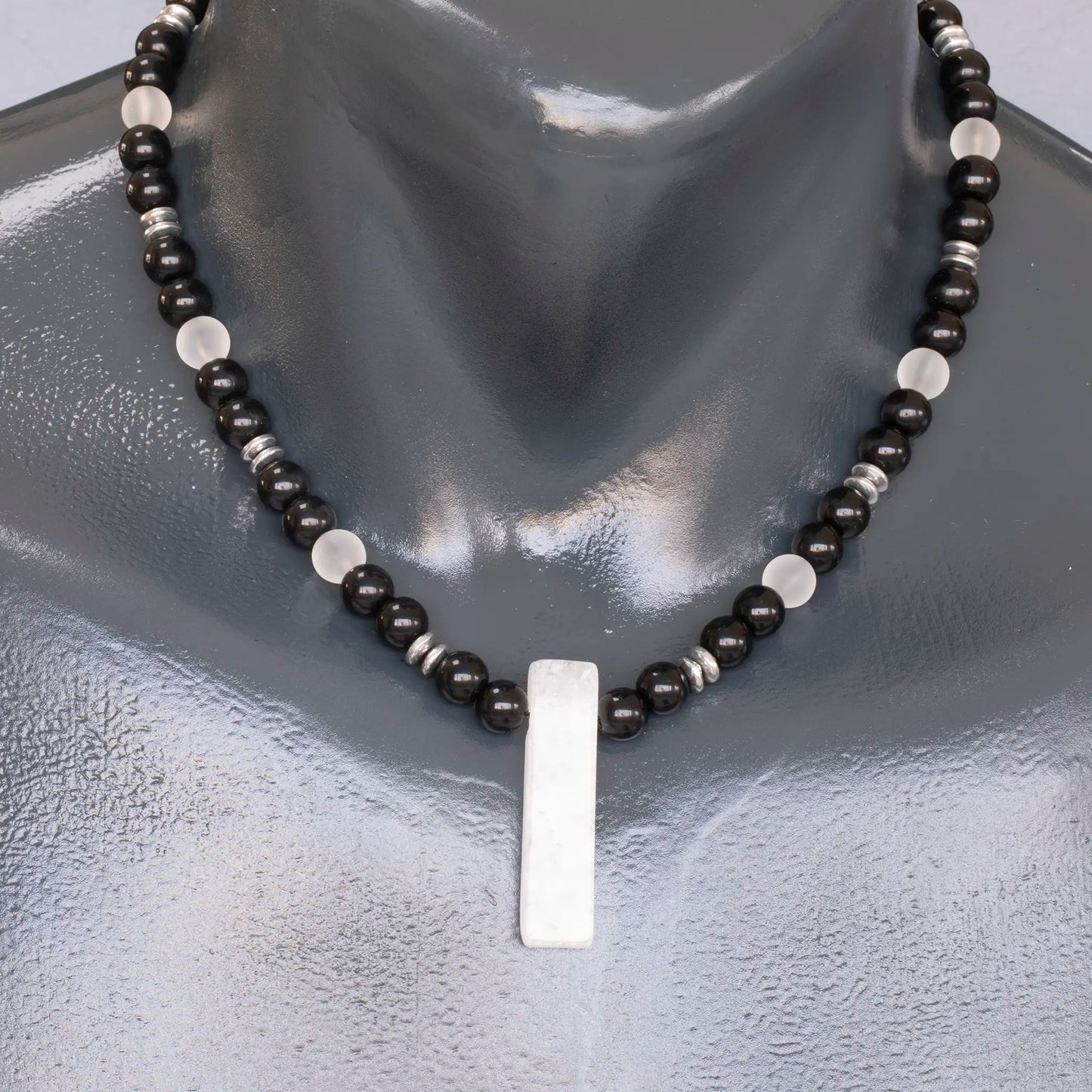 Natural Quartz Sliced Pendant, Natural Matte Quartz & Black Onyx Beaded Necklace