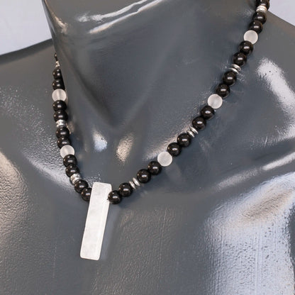 Natural Quartz Sliced Pendant, Natural Matte Quartz & Black Onyx Beaded Necklace