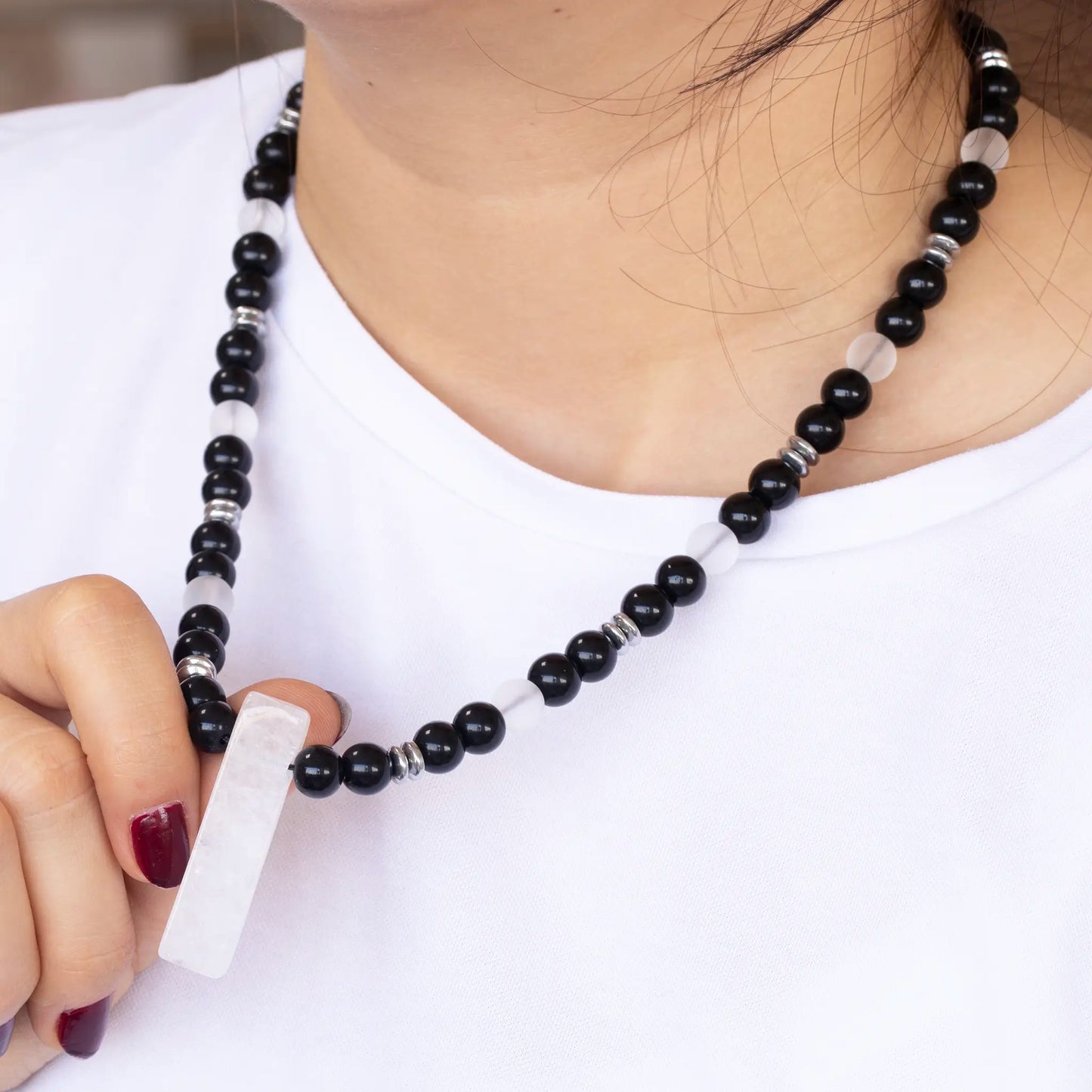 Natural Quartz Sliced Pendant, Natural Matte Quartz & Black Onyx Beaded Necklace