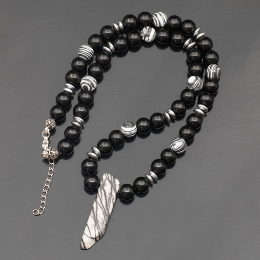 Natural Zebra Jasper Sliced Pendant, Natural Black Fordite & Black Onyx Beaded Necklace