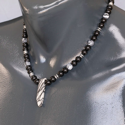 Natural Zebra Jasper Sliced Pendant, Natural Black Fordite & Black Onyx Beaded Necklace