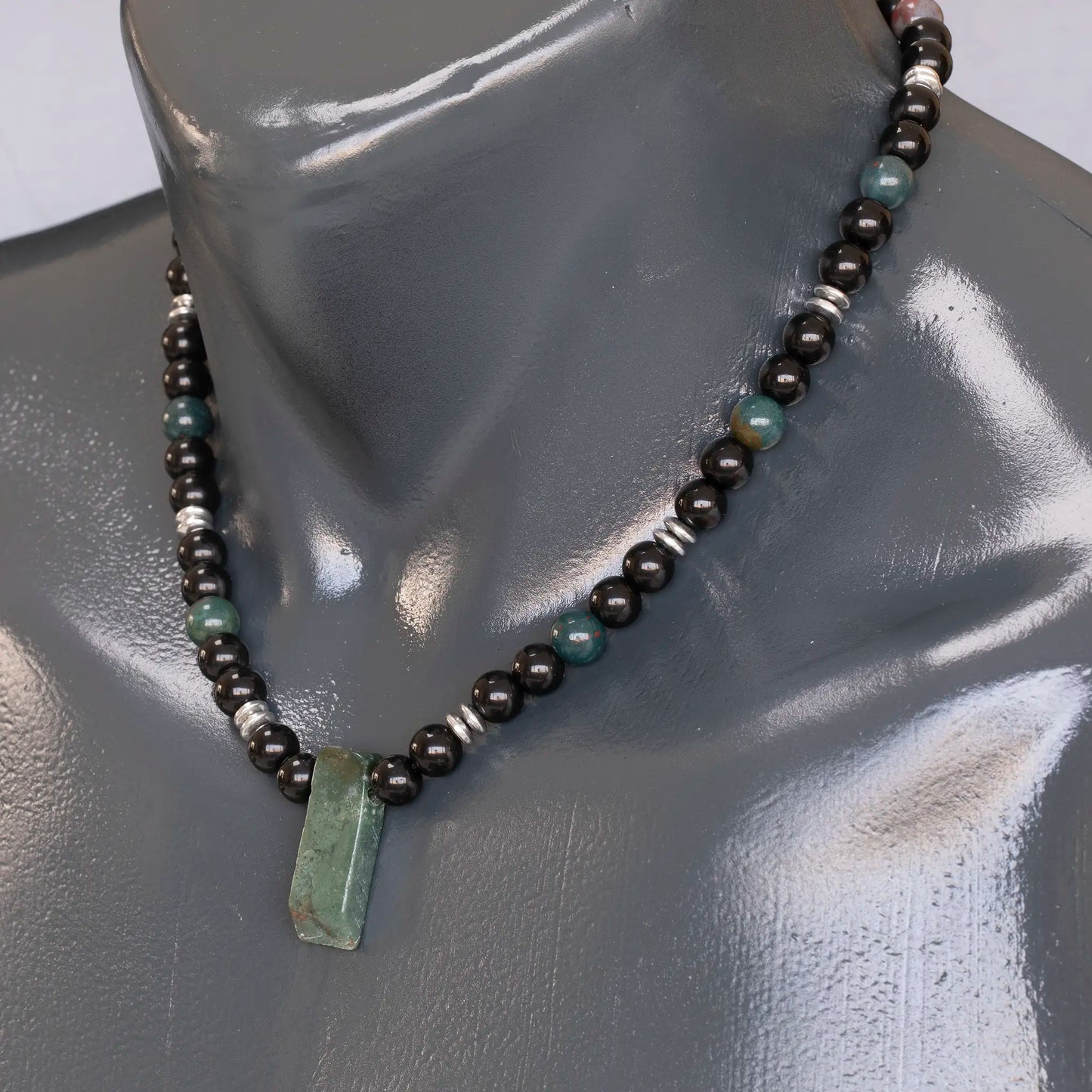 Natural Bloodstone Sliced Pendant, Natural Bloodstone & Black Onyx Beaded Necklace