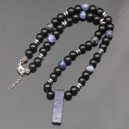 Natural Sodalite Sliced Pendant, Natural Sodalite & Black Onyx Beaded Necklace