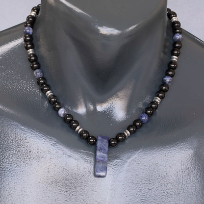 Natural Sodalite Sliced Pendant, Natural Sodalite & Black Onyx Beaded Necklace