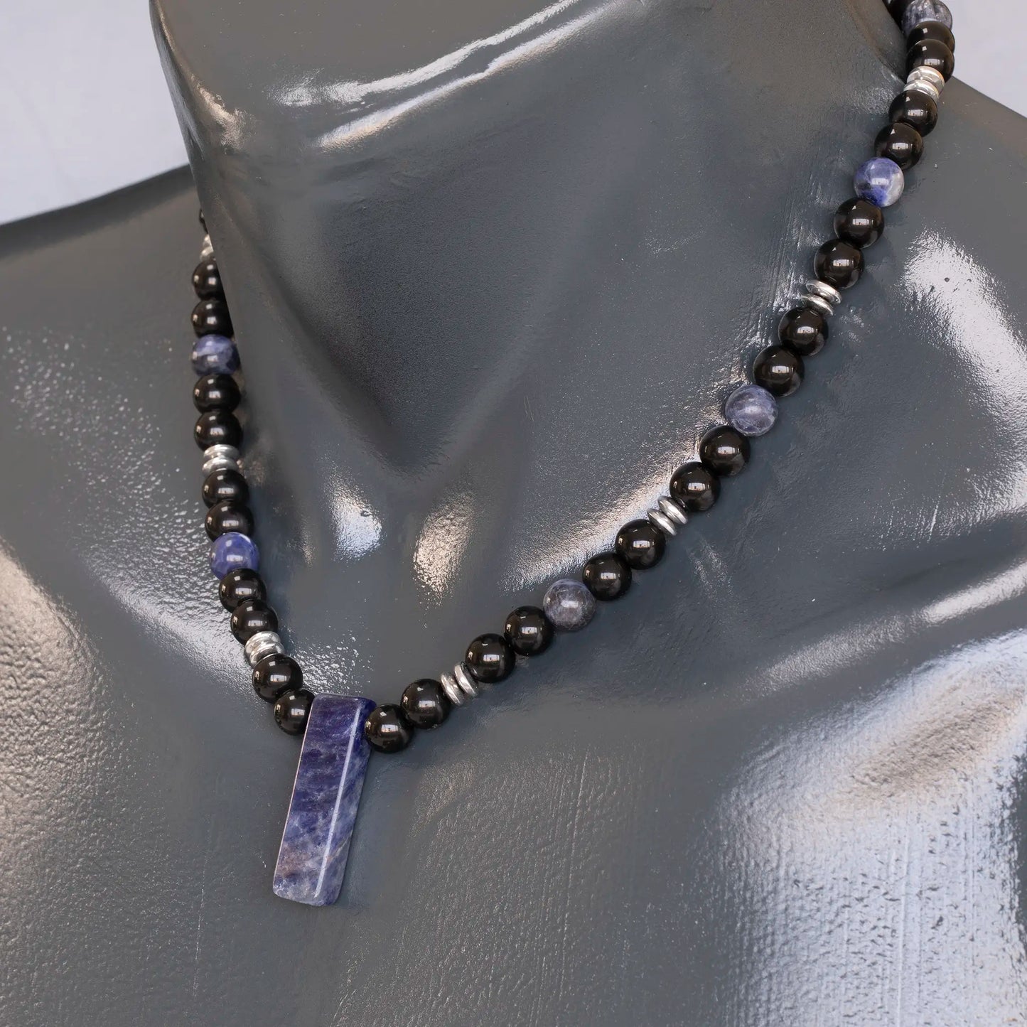 Natural Sodalite Sliced Pendant, Natural Sodalite & Black Onyx Beaded Necklace