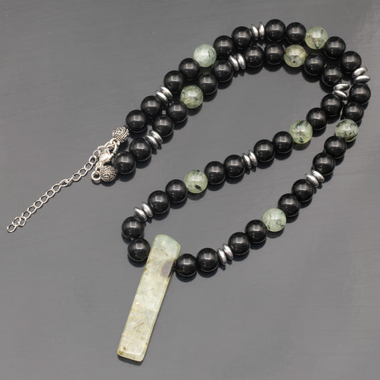 Natural Prehnite Sliced Pendant, Natural Prehnite & Black Onyx Beaded Necklace