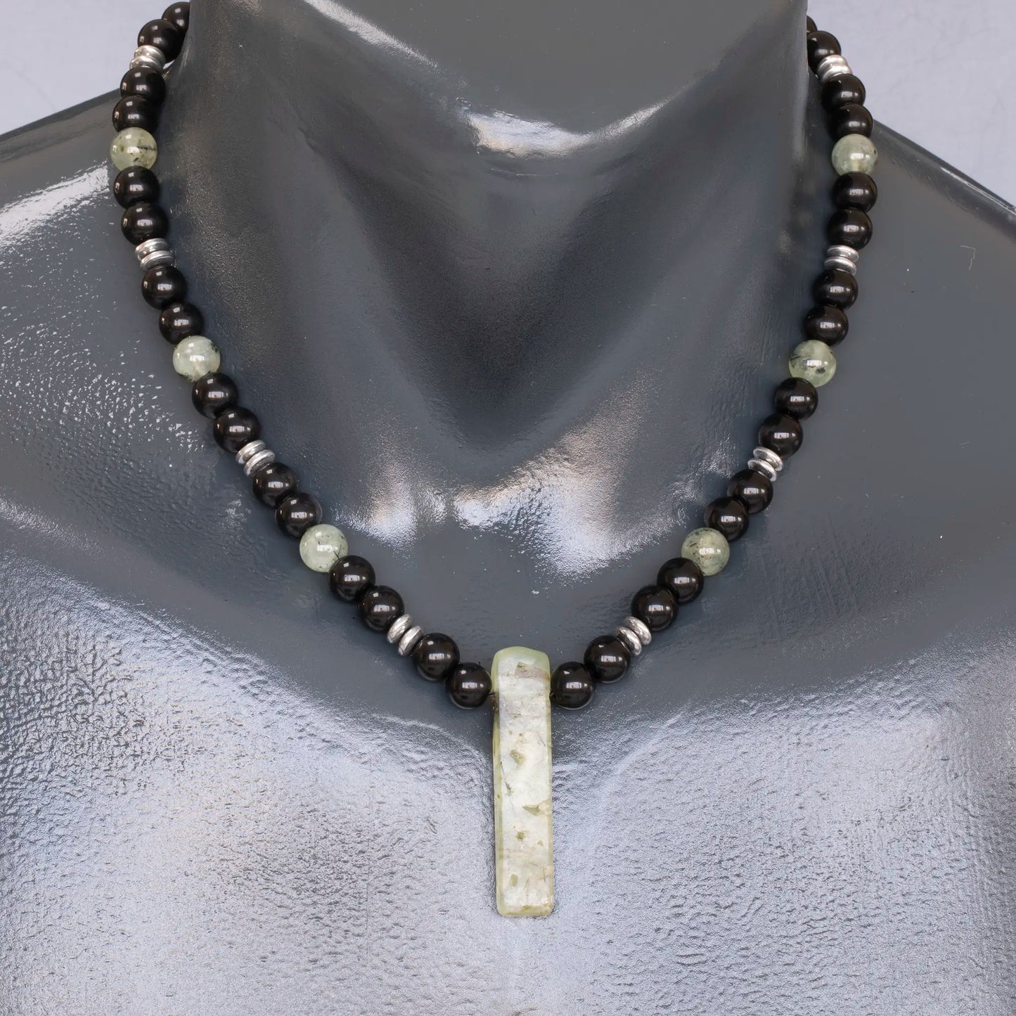 Natural Prehnite Sliced Pendant, Natural Prehnite & Black Onyx Beaded Necklace