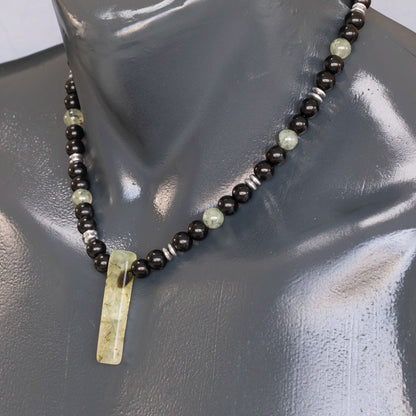 Natural Prehnite Sliced Pendant, Natural Prehnite & Black Onyx Beaded Necklace