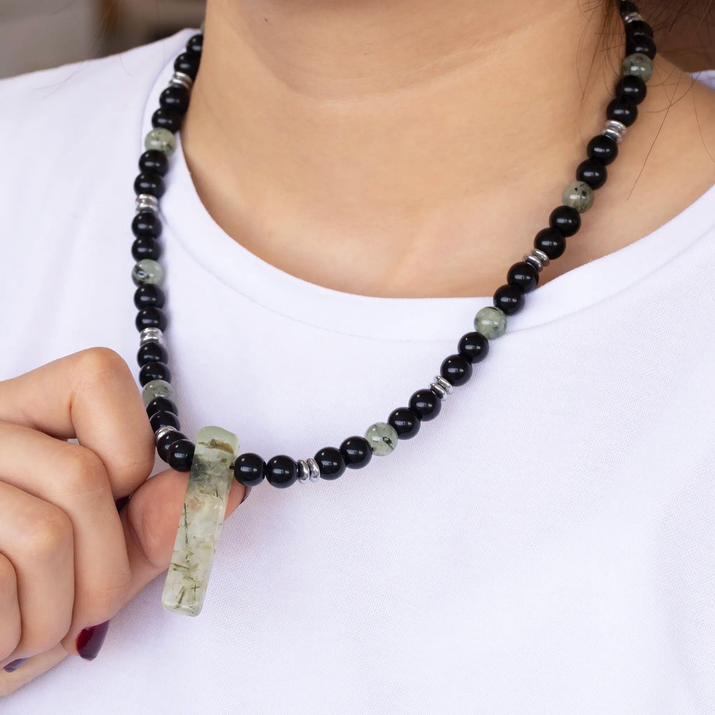 Natural Prehnite Sliced Pendant, Natural Prehnite & Black Onyx Beaded Necklace