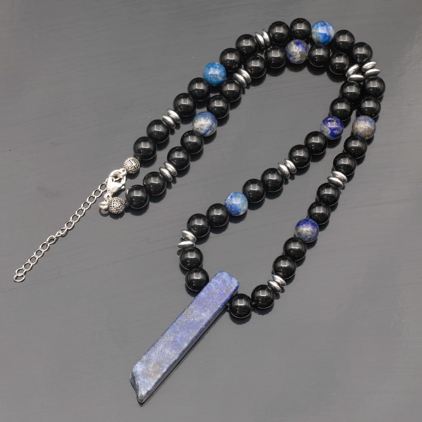 Natural Lapis Lazuli Sliced Pendant, Natural Lapis Lazuli & Black Onyx Beaded Necklace