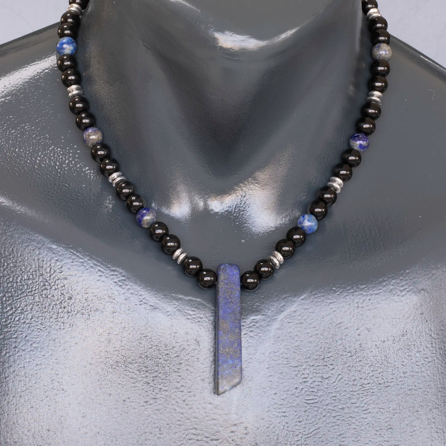 Natural Lapis Lazuli Sliced Pendant, Natural Lapis Lazuli & Black Onyx Beaded Necklace