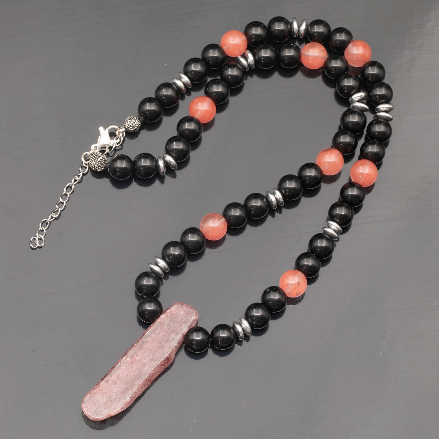 Natural Cherry Quartz Sliced Pendant, Natural Cherry Quartz& Black Onyx Beaded Necklace