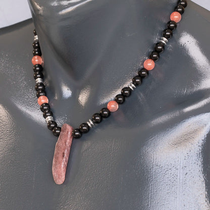 Natural Cherry Quartz Sliced Pendant, Natural Cherry Quartz& Black Onyx Beaded Necklace