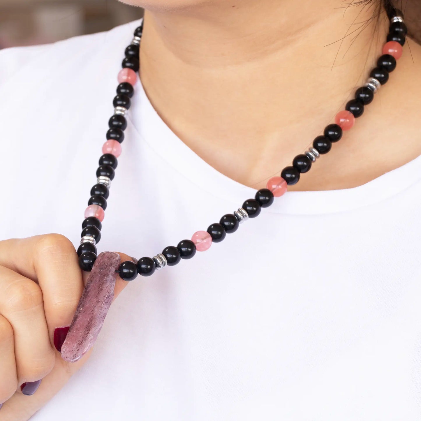 Natural Cherry Quartz Sliced Pendant, Natural Cherry Quartz& Black Onyx Beaded Necklace