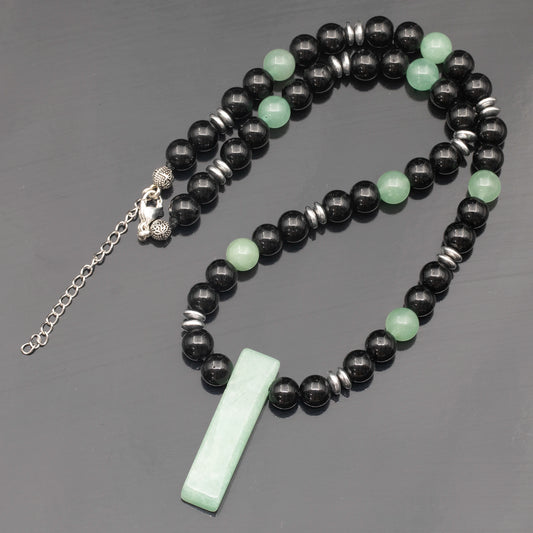 Natural Green Aventurine Sliced Pendant, Natural Green Aventurine & Black Onyx Beaded Necklace