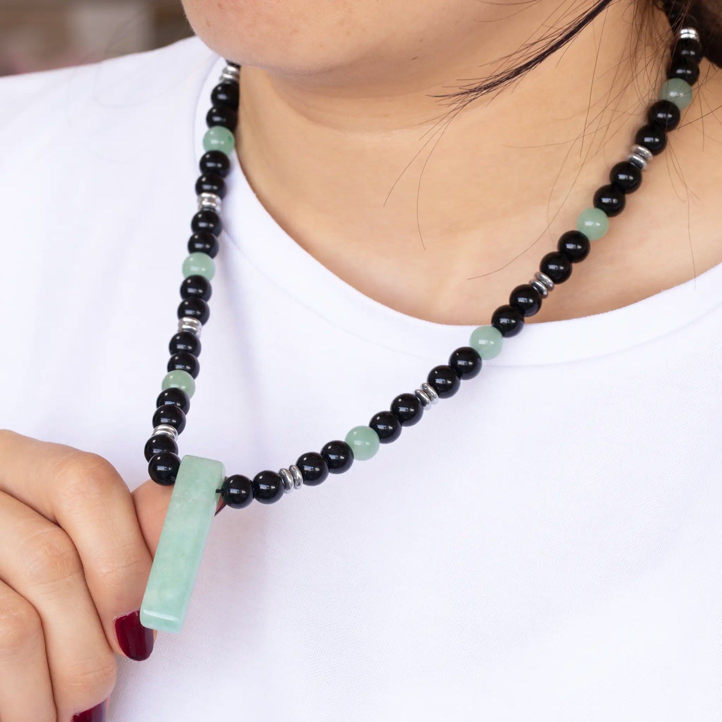 Natural Green Aventurine Sliced Pendant, Natural Green Aventurine & Black Onyx Beaded Necklace