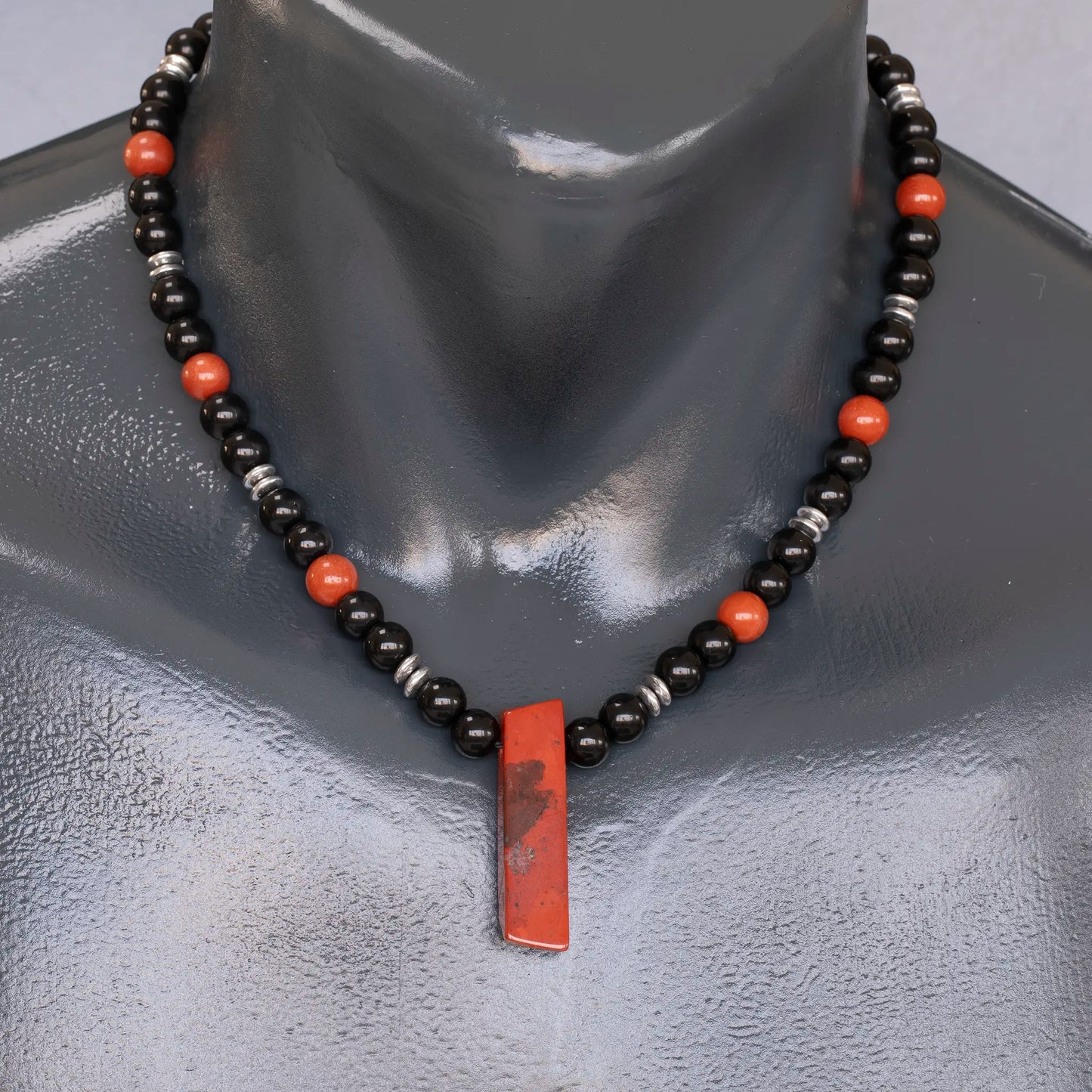 Natural Red Jasper Sliced Pendant, Natural Red Jasper & Black Onyx Beaded Necklace