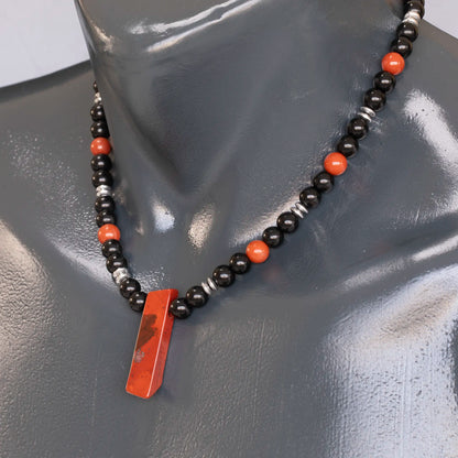 Natural Red Jasper Sliced Pendant, Natural Red Jasper & Black Onyx Beaded Necklace