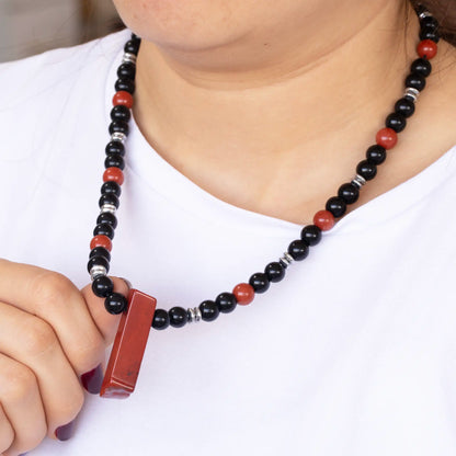 Natural Red Jasper Sliced Pendant, Natural Red Jasper & Black Onyx Beaded Necklace