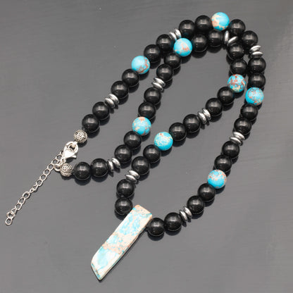 Natural Blue Imperial Jasper Sliced Pendant, Natural Blue Imperial Jasper & Black Onyx Beaded Necklace