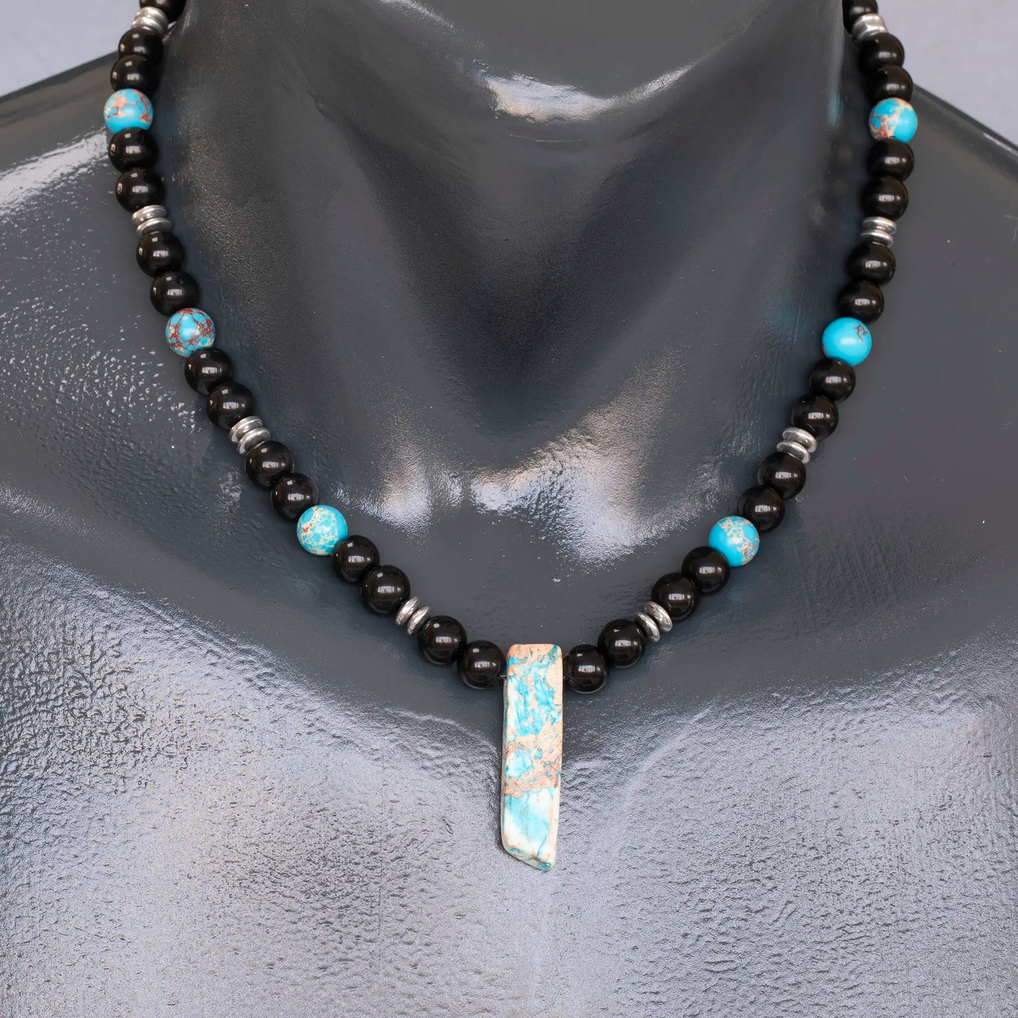 Natural Blue Imperial Jasper Sliced Pendant, Natural Blue Imperial Jasper & Black Onyx Beaded Necklace