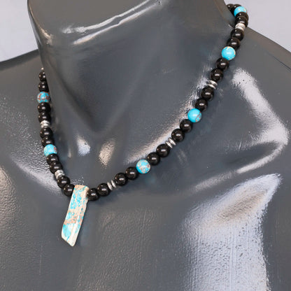 Natural Blue Imperial Jasper Sliced Pendant, Natural Blue Imperial Jasper & Black Onyx Beaded Necklace