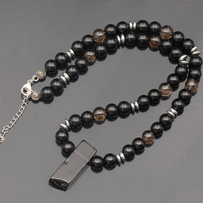 Natural Smoky Quartz Sliced Pendant, Natural Smoky Quartz & Black Onyx Beaded Necklace