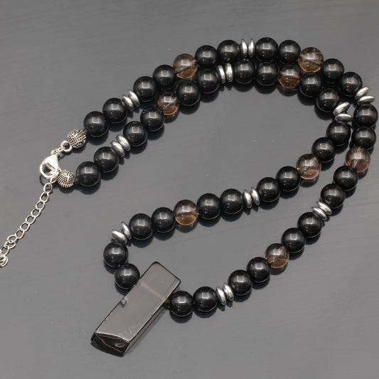 Natural Smoky Quartz Sliced Pendant, Natural Smoky Quartz & Black Onyx Beaded Necklace