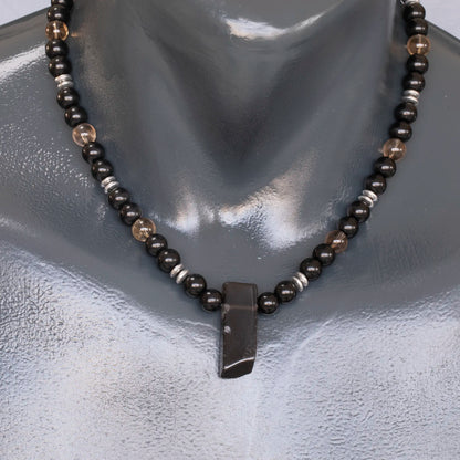 Natural Smoky Quartz Sliced Pendant, Natural Smoky Quartz & Black Onyx Beaded Necklace