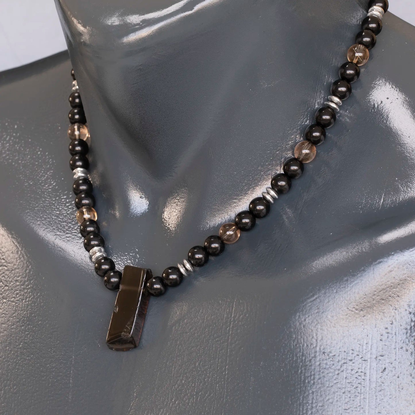 Natural Smoky Quartz Sliced Pendant, Natural Smoky Quartz & Black Onyx Beaded Necklace