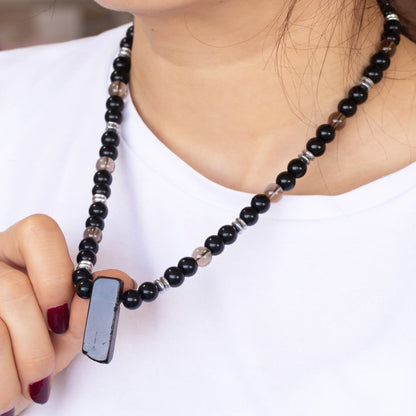 Natural Smoky Quartz Sliced Pendant, Natural Smoky Quartz & Black Onyx Beaded Necklace