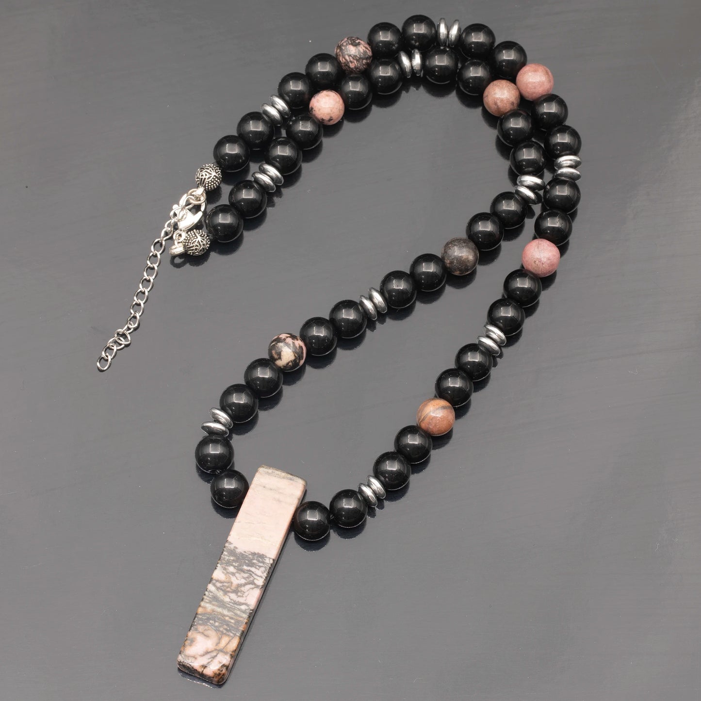 Natural Rhodonite Sliced Pendant, Natural Rhodonite & Black Onyx Beaded Necklace