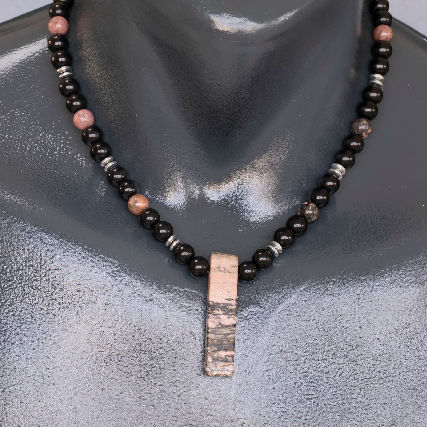 Natural Rhodonite Sliced Pendant, Natural Rhodonite & Black Onyx Beaded Necklace