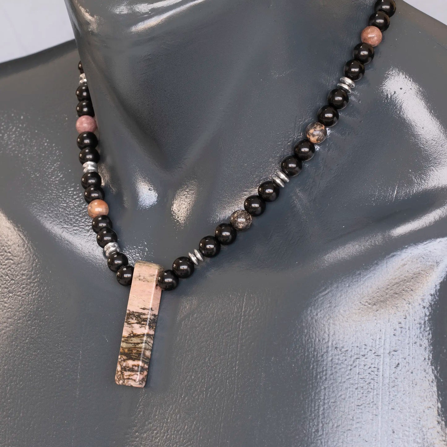 Natural Rhodonite Sliced Pendant, Natural Rhodonite & Black Onyx Beaded Necklace